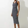 Stripe Stretch Cotton Jersey Racer Back Midi Dress