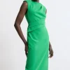 Structured Crepe Asymmetric Drape Waist Tailored Midi Dress