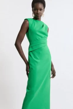 Structured Crepe Asymmetric Drape Waist Tailored Midi Dress