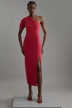Structured Crepe Asymmetric Cape Detail Tailored Midi Dress