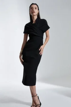 Structured Crepe Cape Detail Midi Dress