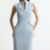 Structured Crepe High Neck Tailored Midi Pencil Dress