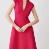 Structured Crepe Seam Detail High Neck Full Skirt Midi Dress