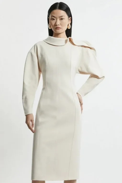 Structured Crepe Tailored Asymmetric Zip Neck Midi Dress