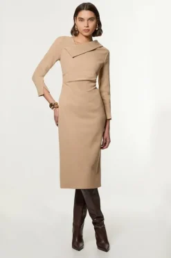 Structured Crepe Tailored Asymmetrical Collared Fitted Midi Dress