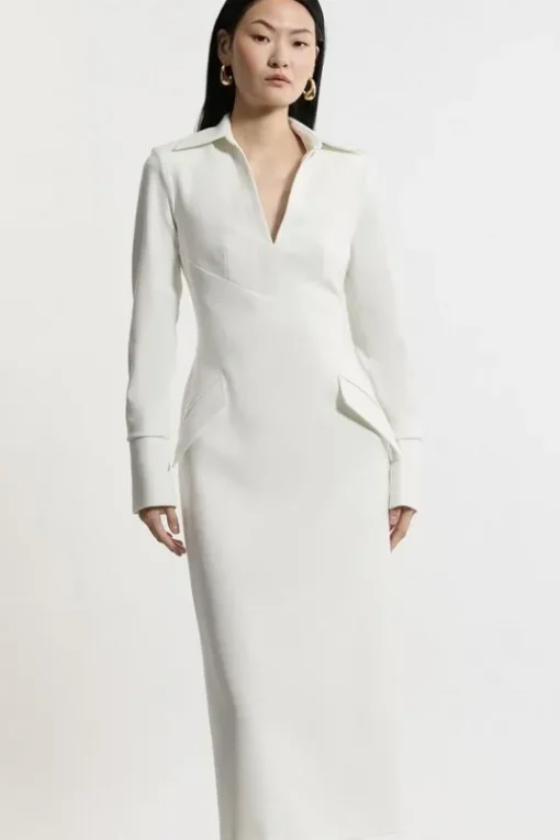 Structured Crepe Tailored Collared Pencil Maxi Dress
