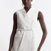 Structured Crepe Tailored Collarless Belted Sleeveless Blazer