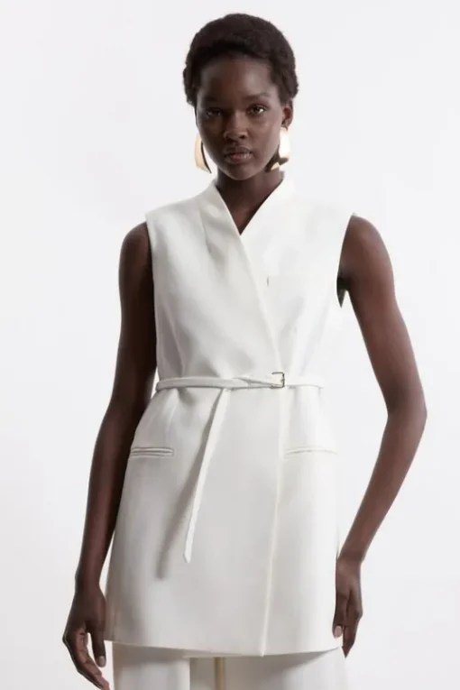 Structured Crepe Tailored Collarless Belted Sleeveless Blazer