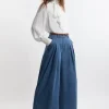 Tailored Chambray Denim Straight Leg Pleated Pants