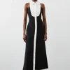 Tailored Compact Stretch Tuxedo Halter Neck Maxi Dress