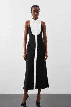 Tailored Compact Stretch Tuxedo Halter Neck Maxi Dress