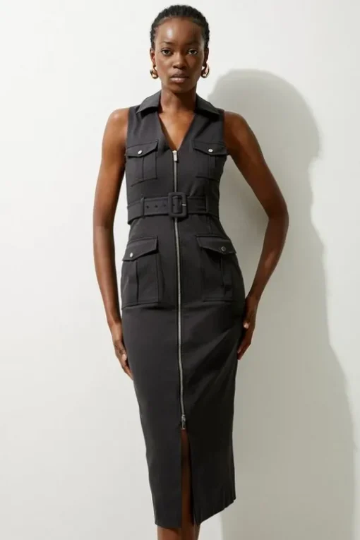 Tailored Cotton Belted Cargo Pocket Midi Shirt Dress