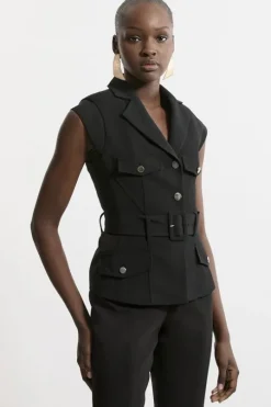 Tailored Crepe Belted Cap Sleeve Collared Jacket