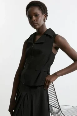 Tailored Crepe Buckle Detail Sleeveless Jacket