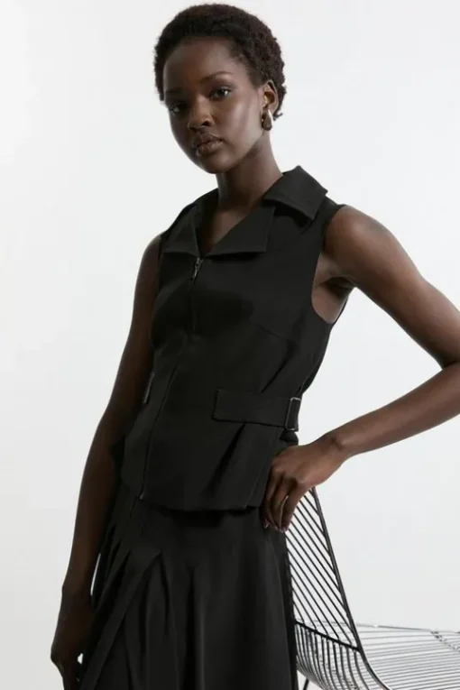 Tailored Crepe Buckle Detail Sleeveless Jacket