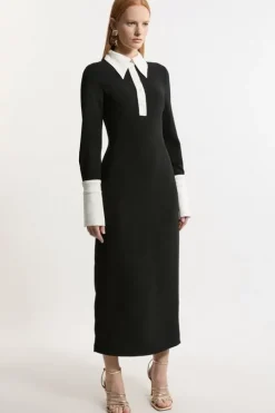 Tailored Crepe Contrast Collar Midaxi Dress