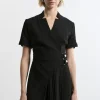 Tailored Crepe Military Pleat Notch Neck Wrap Mini Dress
