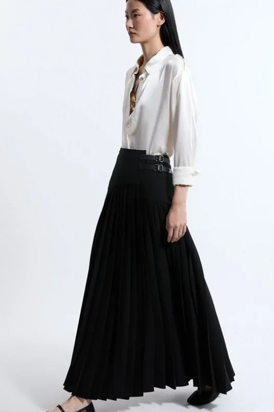 Tailored Crepe Pleated Buckle Detailed Maxi Skirt