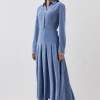 Tailored Crepe Pleated Midi Shirt Dress