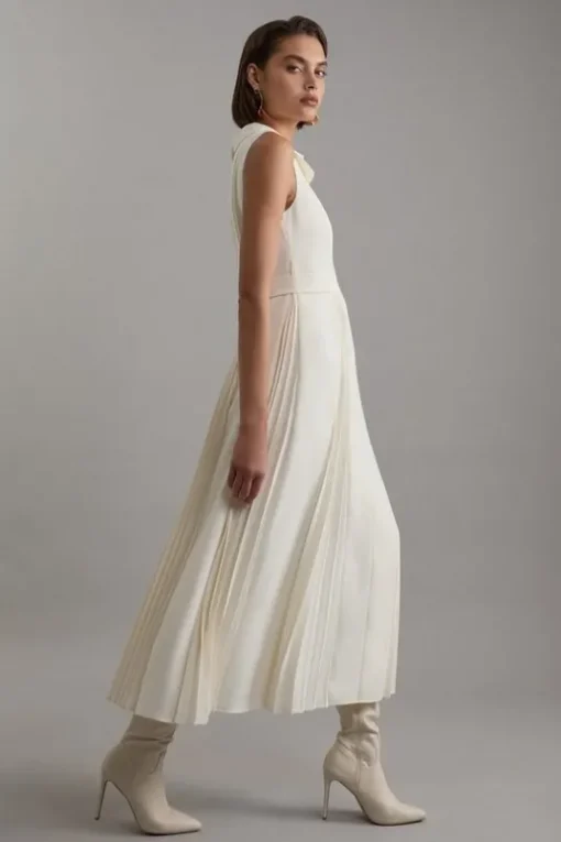 Tailored Crepe Pleated Tab Detail Sleeveless Midaxi Dress