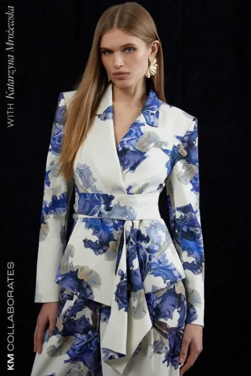 Tailored Crepe Printed Drape Detail Blazer & Trouser Set