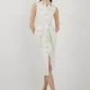 Tailored Denim Cargo Pocket Belted Midi Shirt Dress