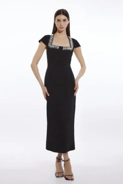 Tailored Embellished Square Neck Midi Dress