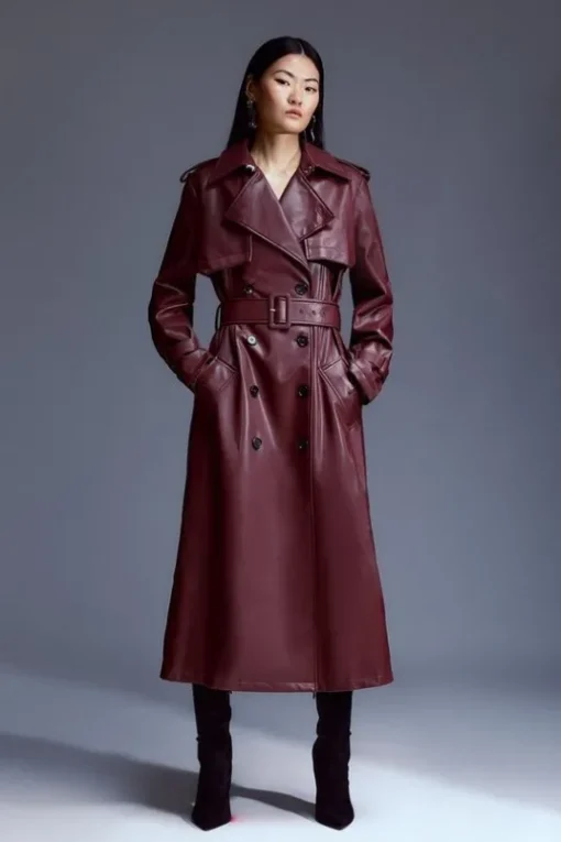 Tailored Faux Leather Belted Trench Coat