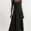 Tailored Full Skirted Panel Belted Midi Dress