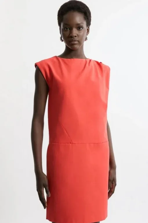 Tailored Pleat Neck Pocket Detail Midi Dress