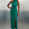 Tailored Satin Back Crepe Tie Neck Contrast Panel Maxi Dress