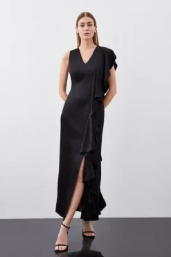Tailored Satin Back Crepe Ruffle Maxi Dress