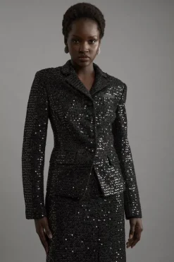 Tailored Sequin Tweed Single Breasted Blazer