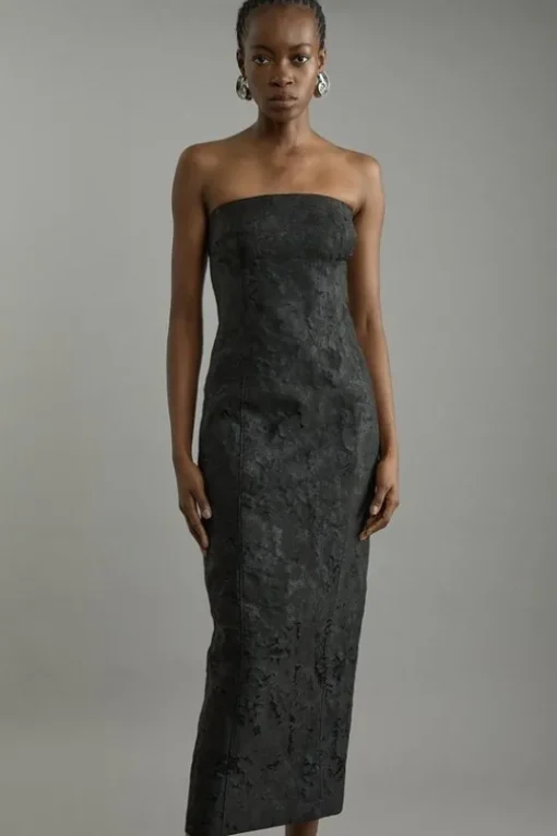 Tailored Sheer Jacquard Bandeau Fitted Midaxi Dress