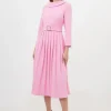 Tailored Structured Crepe Turtleneck Pleated Midi Dress