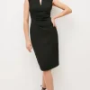 Tailored Structured Crepe Envelope Neck Pencil Midi Dress