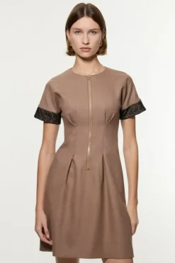 Tailored Twill Lace Mix Zip Front Mini Dress