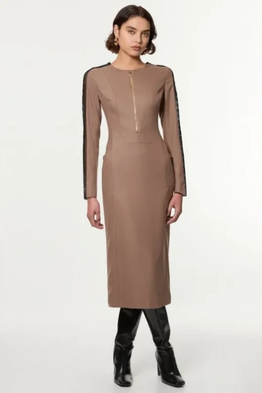 Tailored Twill Lace Mix Zip Front Midi Dress