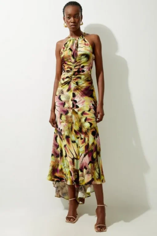 Tall Abstract Print Viscose Woven Halter Tie Maxi Dress