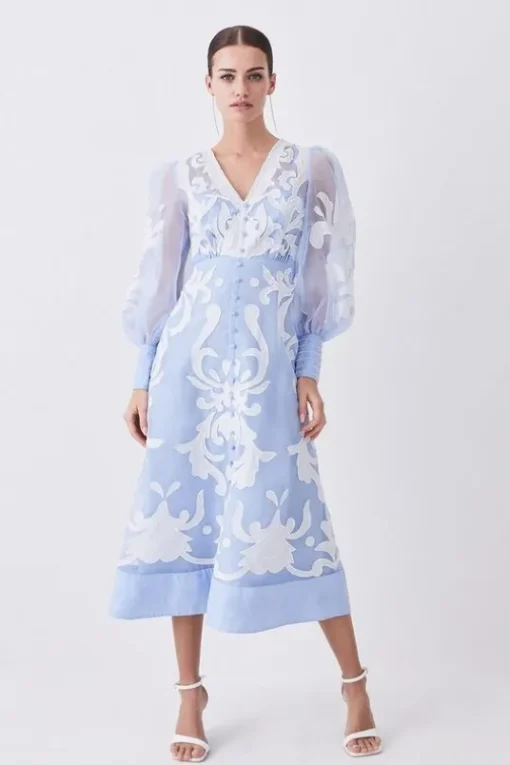 Tall Applique Organdie Buttoned Woven Maxi Dress