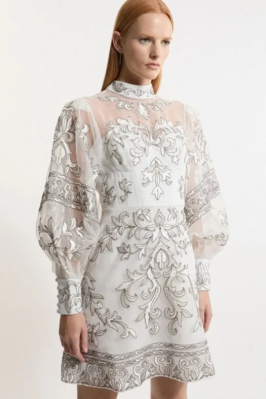 Tall Baroque Organdie Applique Buttoned Woven Mini Dress