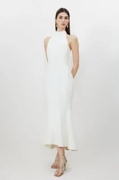 Tall Compact Stretch Waterfall Hem High Neck Midi Dress