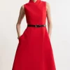 Tall Compact Stretch Wrap Neck Tailored Midi Dress