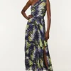 Tall Crinkle Feather Print Woven One Shoulder Maxi Dress