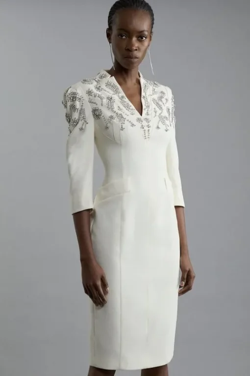 Tall Crystal Embellished Compact Stretch Belted Tailored Forever Dress