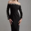 Tall Crystal Embellished Scalloped Off The Shoulder Tailored Midaxi Dress