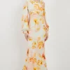 Tall Delicate Floral Satin Cold Shoulder Draped Midi Dress