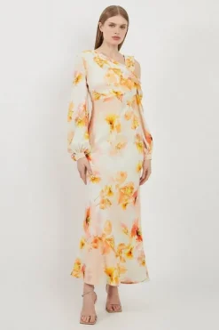 Tall Delicate Floral Satin Cold Shoulder Draped Midi Dress