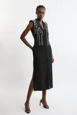 Tall Embellished Detail Plunge Collared Woven Maxi Dress