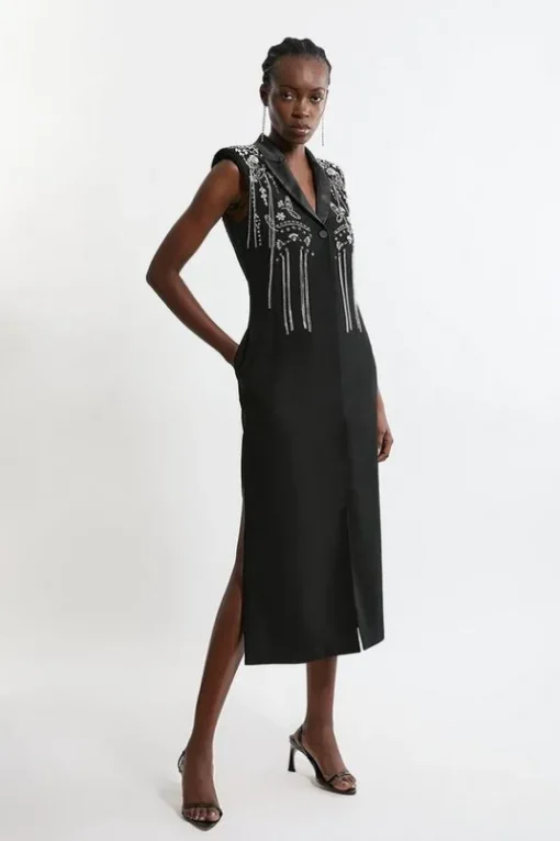 Tall Embellished Detail Plunge Collared Woven Maxi Dress